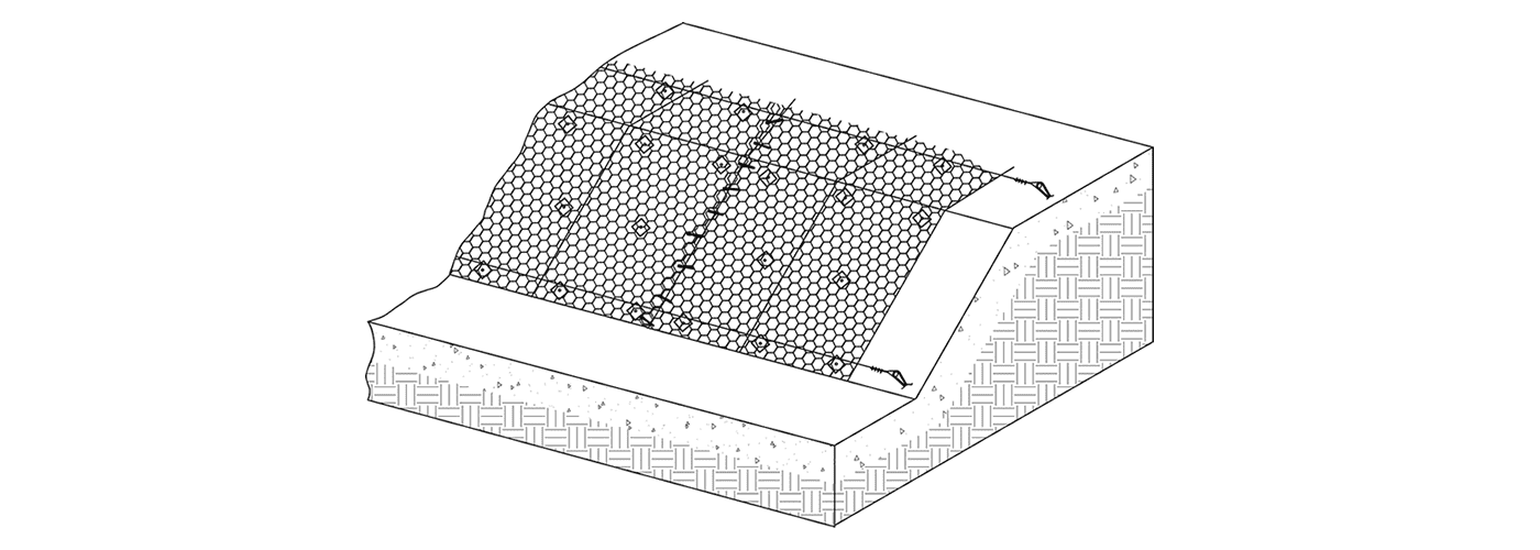 The picture shows the overall structure of hexagonal netting system on slope applications.