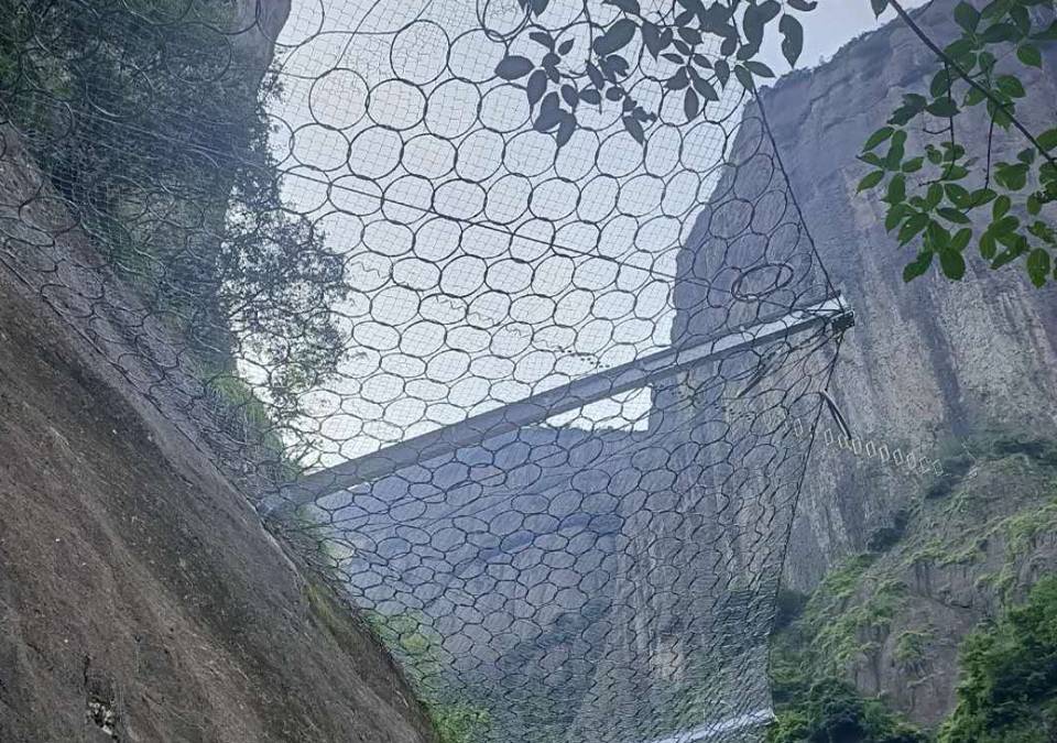 Vehicles are passing through expressway protected by ring net rockfall barrier.